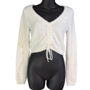 Lottie Moss white fuzzy tie-string cropped sweater small soft cropped